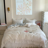 Purpdrank  Korean Princess Style Lace Ruffles Floral Bedding Set 100% Cotton Duvet Cover Bed Sheet/Fitted Sheet/Bed Skirt Pillowcases 3/4Pc