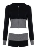 Purpdrank  Women Casual Striped Color Block 2-Piece Set Zip Up Long Sleeve Crop Hoodie & Shorts Matching Suits Streetwear Tracksuit