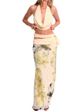 Purpdrank  Sexy Halter Three Piece Women Summer Dress Sets 2025 Fashion Swinging Collar Backless Cropped Top and Print Floral Long Skirts