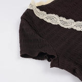 Purpdrank  Dark Brown Lace V Neck Tie Front Women's Chic Tops Short Sleeve Ruched Fitted Blouse New Lady Daily Commute Street Shirts