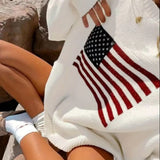 Purpdrank  Retro American Style Streetwear Star Flag Pattern Loose Fit Crewneck Pullover Knit Sweater Women's Top