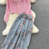 Purpdrank - Women Sweet Korean Pink Sweet 3 Pieces Set For Women Knitted Sling Vest +sunscreen+floral Print Wide Leg Denim Long Pants Suits
