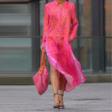 Purpdrank  Vintage Leopard Print Loose Long Dress Women Elegant V-neck Side Split Shirt Dress Fashion Button Long Sleeve Pocket Party Dress