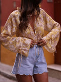 Purpdrank  Chic Yellow Floral Printed Blouses Shirts for Women Tops Casual Lace-up Flare Long Sleeves Blouse Summer Boho Beach Loose Blusas
