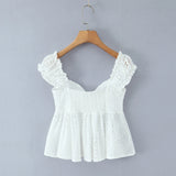 Purpdrank  Sweet White Hollow Out Embroidery Hole Bow V neck Wood ears Sleeve Tank Top Women Summer Elastic Back Swing Hem Vest Crop Top