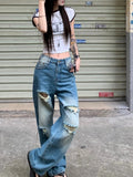 Purpdrank  Retro ripped jeans women summer American style high street straight leg pants design sense high waisted floor length pants