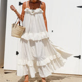 Purpdrank  Beach Dresses y2k Women Solid Color Spaghetti Strap Sleeveless Swing Tiered Ruffled Long Dress Vacation Party Dresses