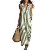 Purpdrank  Boho Striped Print Loose Maxi Dress Women Summer Fashion Sleeveless V-neck Long Dresses Elegant