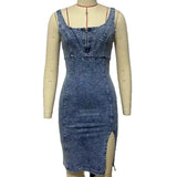 Purpdrank  Worn-look Denim Off-Shoulder Short-Sleeve U-Neck Dress Casual Style One-Piece Skirt Cotton Polyester Blend Mid-Waist Midi Dress