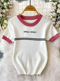 Purpdrank  Korean Sle Student Stripe Knitted T-irt Top High Waist A-Line Skirt Set round Ne ort Sve Casual Faion Ensemble