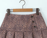 Purpdrank  Y2K Leopard 3 Buttons Low Waist Pleated Mini Skirt American Retro Short Skater Skirts With Shorts lining Pink Coffee