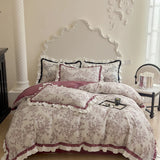 Purpdrank  500TC Egyptian Cotton Vintage French Rose Flowers Print Ruffles Bedding Set Duvet Cover Flat/Fitted Bed Sheet Pillowcases 4Pcs