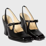 Purpdrank  Temperament Thick Heel Sandals Summer New Square Head Shallow Mouth Metal Buckle Anti-slip Wear-resistant High Heels