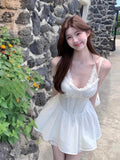 Purpdrank  Vintage French Vacation Summer Women Dress Y2k Elegant Lace Slim White Dress Fashion Female Beach Style Design Short Dress 2025