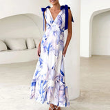 Purpdrank  Bow Tie Up High Waist Holiday Long Dress Sexy Sleeveless Pleated Suspender Dresses Women's V Neck Print Bohemian Dress Vestidos