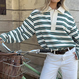 Purpdrank   Spring New Women's Oversized Striped Polo Shirt Long Sleeve Half Button Collared Casual Top Retro Commute Streetwear