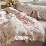 Purpdrank  Korean Style Girly Heart Floral Double Layer Gauze Four-Piece Set Princess Style Lace Trim Quilt Cover Bed Sheet Dormitory