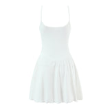 Purpdrank  Sexy White Rib Knitted Cotton Low Waist Sling Dress Women Bow V neck Ruched A-lined Swing Short Dresses Summer Vestidos  Robe