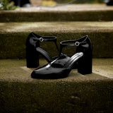 Purpdrank  New Fashion Lacquer Leather T-shaped Pumps Round Toe Square Heel Straw Shoes French High Heels One Button Baotou Sandals