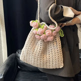 Purpdrank  Rose Crochet Handbag Spring Cute Knitted Shoulder Bag Romantic Designer Floral Hollowed Out Ladies Shoulder Bag Armpit Bag