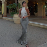 Purpdrank  summer new women's fashionable temperament slim fit sexy versatile silk satin texture hanging neck backless dress