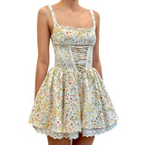 Purpdrank  Princess Floral Print Front Cross Lacing Up Ruched Elastic Low Waist Sling Dress Women Swing A-lined Mini Tank Dresses Robe