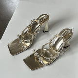 Purpdrank  2025 New Black Gold Square Toe Crystal Flower Women Sandals Fashion Rhinestone Buckle Strap High Heels Wedding Prom Shoes