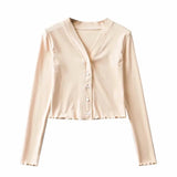 Purpdrank  70's Vintage V neck Wood ears Rib Long Sleeve Tee Base T-shirts Cool Girl Single-breasted Button Short Tee crop top