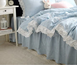 Purpdrank  100% Cotton Bedding Set Luxury Blue Plaid Printing Princess Lace Duvet Cover Bed Skirt Bedspread Pillowcases Home Textile