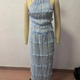 Purpdrank  Holiday Fashion Women Hollow-out Backless Long Skirt Suit Slim Outfit 2025 Spring Summer Chiffon Solid Halter Top Two Piece Set