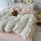 Purpdrank  3/4Pcs Vintage French Floral Lace Ruffles Winter Warm Milk Velvet Bedding Set Single Queen King Duvet Cover Bed Sheet Pillowcase