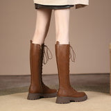Purpdrank - 2023 New Genuine Leather Lace-up Boots Women Zip Fashion Knee High Boots Thick Fur Winter Warm Motorcycle Boots Platform Boots