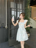 Purpdrank  French Ruffled Lace Square Neck Small Flying Sleeve Floral Dress Summer New Style Waist-hugging Short Skirt
