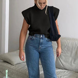 Purpdrank  Turtleneck Sleeveless Vest Sweater Women With Shoulder Pads Knitted Pullover Autumn Winter Jumper Casual Tops Fashion