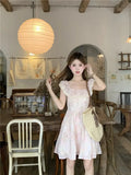 Purpdrank  French Ruffled Lace Square Neck Small Flying Sleeve Floral Dress Summer New Style Waist-hugging Short Skirt