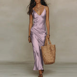 Purpdrank  Spring Summer Bohemian Beach Vacation Dress Sexy Deep V Neck Solid Satin Long Dress New Sleeveless Hollow Out Women's Maxi Dress