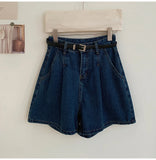 Purpdrank  Dark Blue Pleated Denim Shorts for Women 2025 New Summer High Waist Thin Wide Leg Jeans Shorts Casual Loose A-line Hot Pants