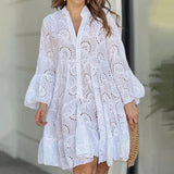 Purpdrank  Summer Elegant Lace Dress Casual Women V-neck Loose Hollow Buttons White Dress Women Vintage Beach Sexy Mini Dresses 27725