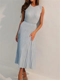New Summer Sleeveless Women's Knitted A-Line Dresses High Waist Casual Korean Khaki Umbrella Midi Dresses Female