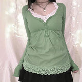 Purpdrank  Y2k Cottage Lace Trim Babydoll T-shirt Autumn Button Up Long Sleeve Pullovers Tops Women Cyber Grunge Loose Fit Blouse Tees