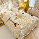 Purpdrank  100% Cotton Korean Princess Style Three-layer Ruffles Bow Bedding Set Duvet Cover Bed Skirt Bedspread Pillowcases Wedding Gifts