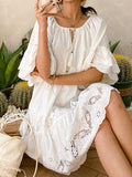 Purpdrank   White Lace Embroidered Dresses Women Summer Short Sleeve Tassle O-Neck Mini Dress Casual Loose Holiday Beach Boho Dress Vestidos