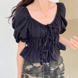 Purpdrank  Spring Summer Lace-up Ruffles Women's T-Shirts 2025 New French Style Elegant Puff Sleeve Short Shirt Tops for Womens