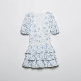 Purpdrank  Elegant Women Printed Dress With Embroidery V-neck Puff Sleeves Ruffle Details Contrast Lining A-Line Dresses