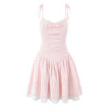 Purpdrank  Women Sexy Pink White Jacquard Floral Bow Lacing Up Sling Dress Low Waist Spliced Lace Ball Gown Mini Dresses Party Robe