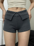 Purpdrank  Women Casual Gray Knit Shorts American Retro Style Folded Slit Elastic Waist Slim Pure Color Stretch Shorts for Home Wear