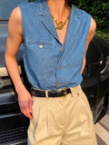 Purpdrank  Blue Denim Suit Collar Vest For Women'S Summer Lightweight Cotton Retro Versatile Commuting Sleeveless Shirt