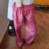 Purpdrank  y2kPants Women Clothes Solid Color/Striped Elastic Waist Wide Leg Loose Trousers with Buttons Decor 2000s Streetwear