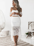 Purpdrank  Summer Sexy Lace Hollow Out Dress Suits Women Backless Crop Top Ruffles Long Pencil Skirts Two Piece Matching Sets Outfits