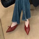 Purpdrank  New Designer Pointed Toe Low Heels Pumps for Women Bowknot Shallow Soft Leather Dress Shoes Luxury Brand Comfort Loafers Shoes